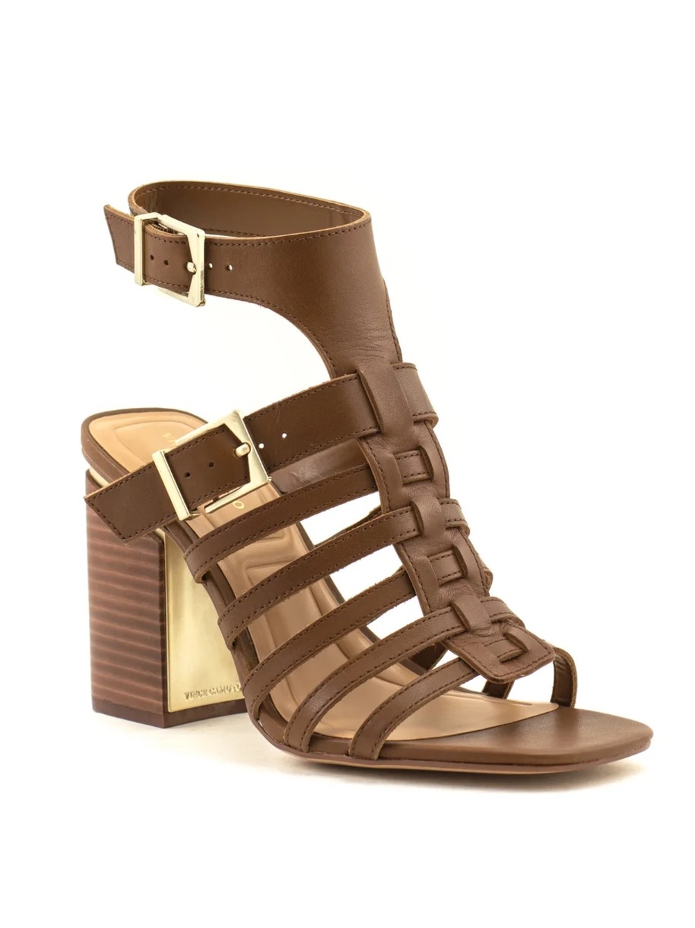 Vince Camuto Hicheny Brown Leather Cage Block Heel Sandals 8.5
